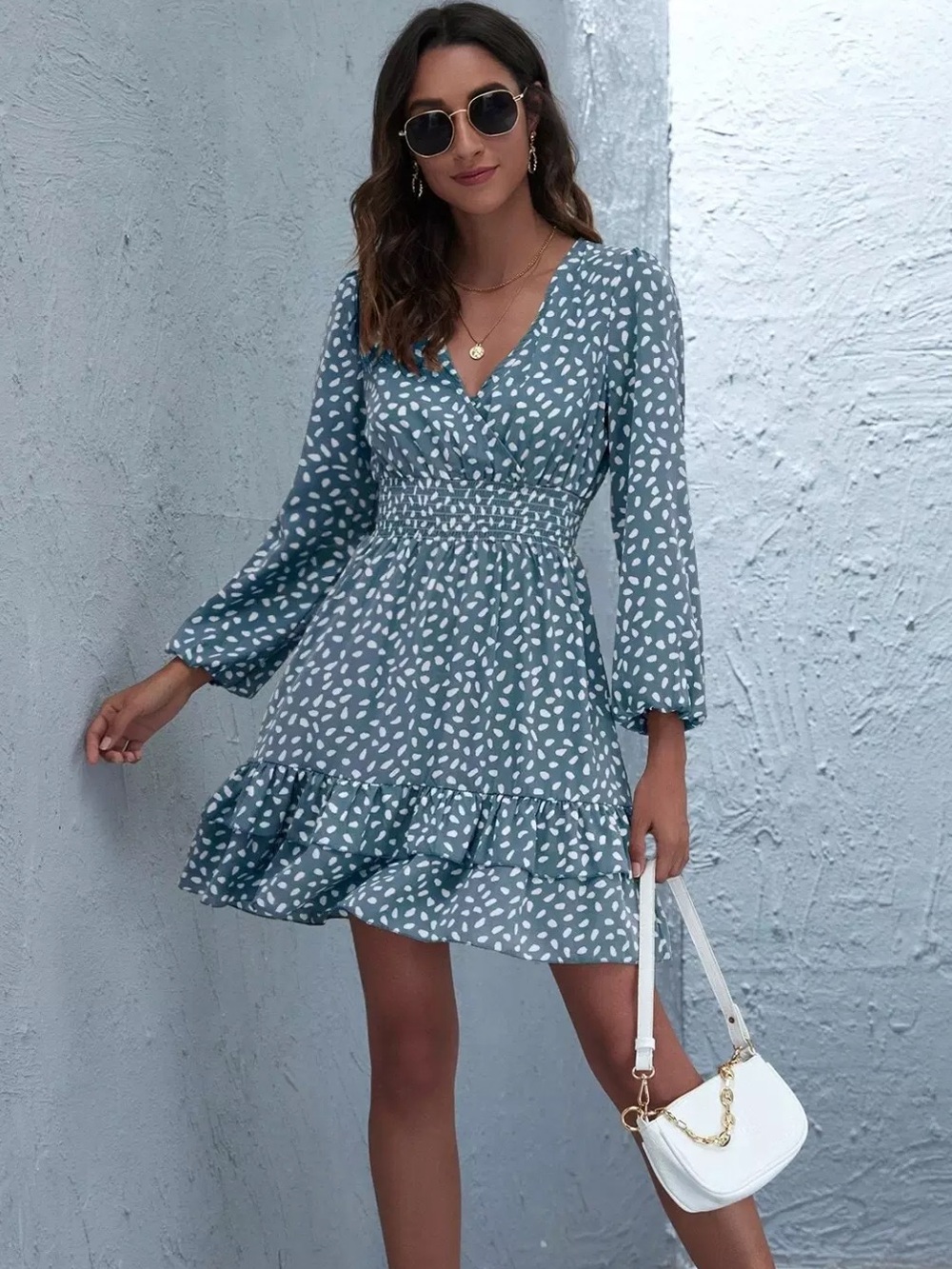 SHEIN Teal Blue Long Sleeve Smocked Waist Printed Mini Dress